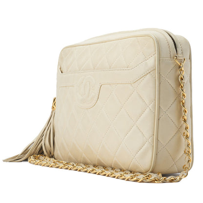 CHANEL Shoulder Bag, Matelasse, Fringe Chain Shoulder, Lambskin, Ivory, Gold-Tone Hardware, Pre-Owned - Vintage La Charme