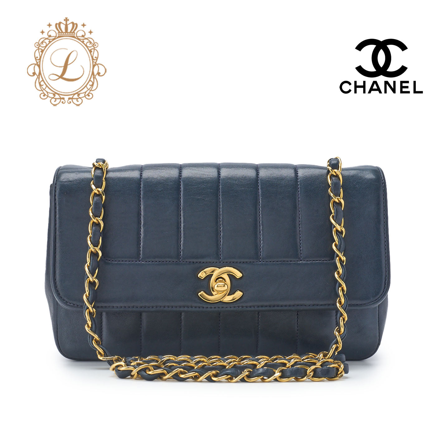 CHANEL Shoulder Bag, Mademoiselle Turn Lock, Chain Shoulder, Lambskin, Navy, Gold-Tone Hardware, Pre-Owned - Vintage La Charme
