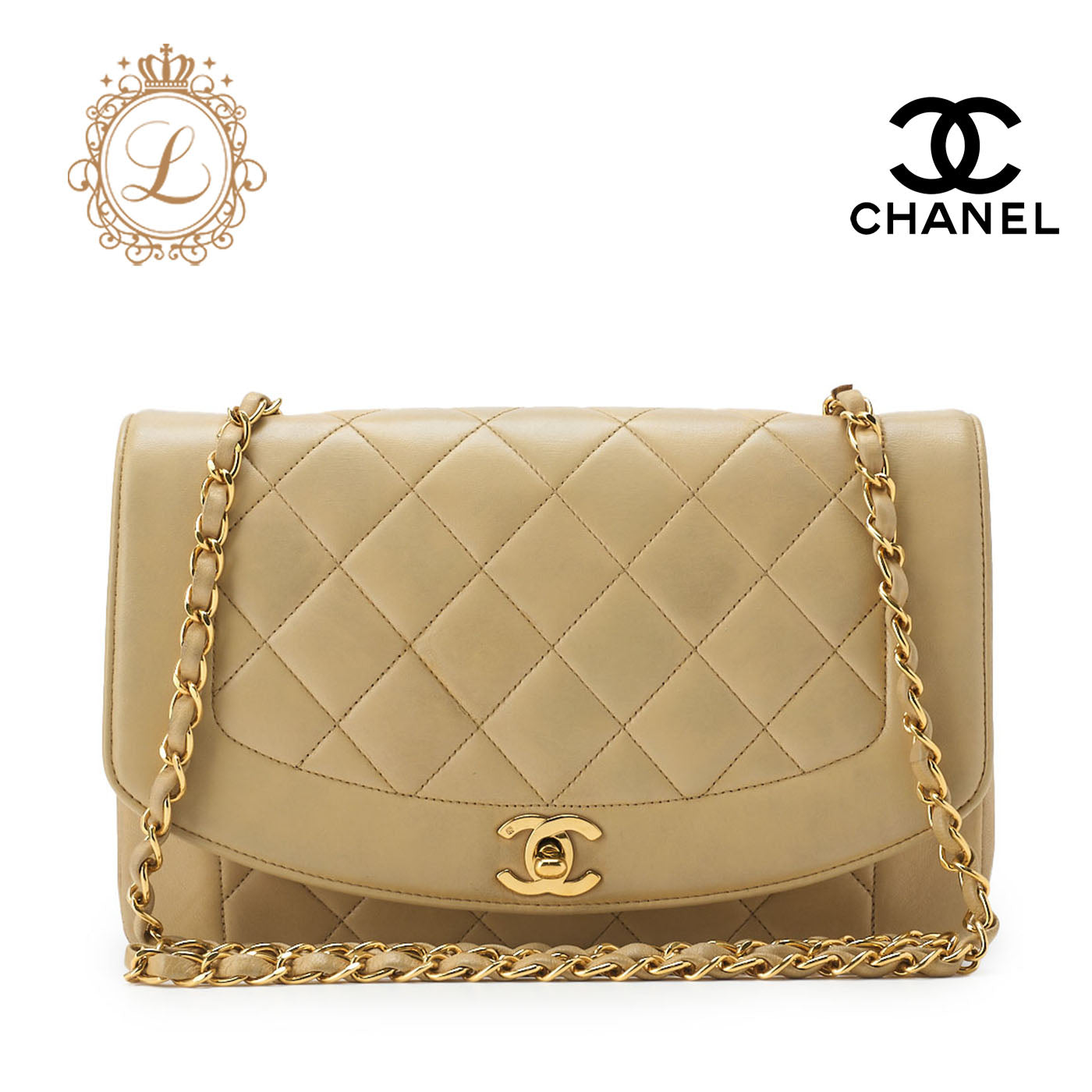 CHANEL Diana Flap Chain Shoulder Bag, Lambskin, Beige, Gold-Tone Hardware, Pre-Owned - Vintage La Charme