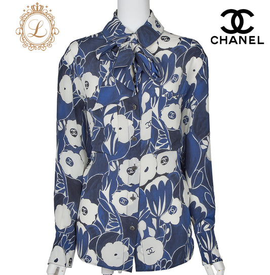 CHANEL Shirt Blouse Long Sleeve Cut-and-Sew 100% Silk Blue Gold-Tone Hardware Pre-Owned - Vintage La Charme
