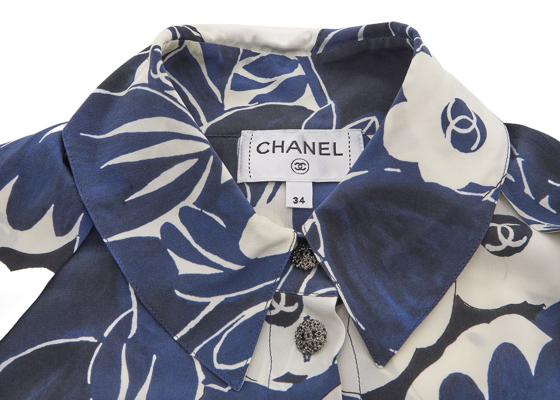 CHANEL Shirt Blouse Long Sleeve Cut-and-Sew 100% Silk Blue Gold-Tone Hardware Pre-Owned - Vintage La Charme
