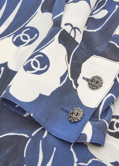 CHANEL Shirt Blouse Long Sleeve Cut-and-Sew 100% Silk Blue Gold-Tone Hardware Pre-Owned - Vintage La Charme