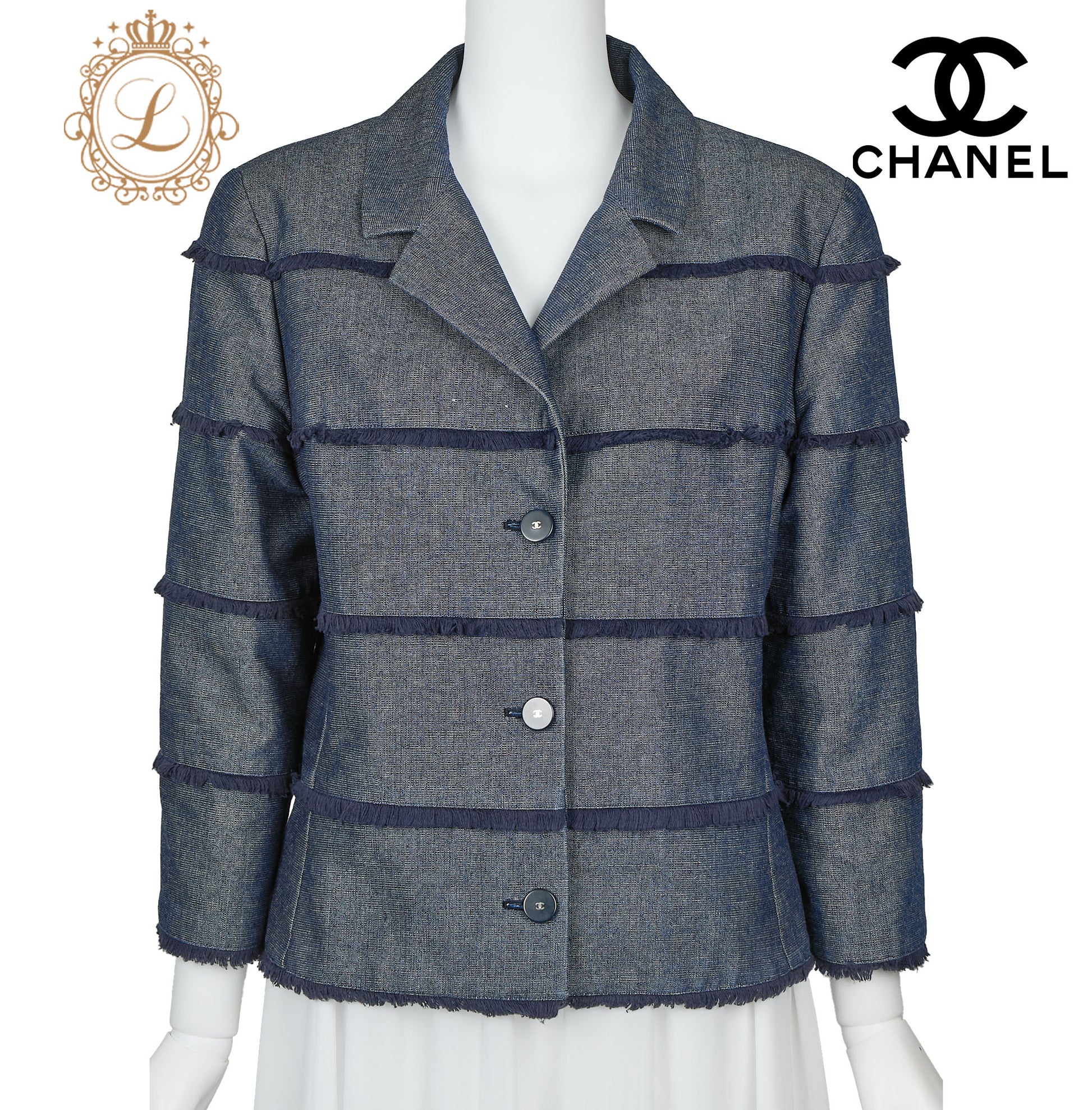 CHANEL Denim Jacket, Coco Button Fringe, Cotton Blend, Blue, Silver-Tone Hardware, Pre-Owned - Vintage La Charme