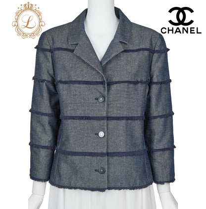 CHANEL Denim Jacket, Coco Button Fringe, Cotton Blend, Blue, Silver-Tone Hardware, Pre-Owned - Vintage La Charme