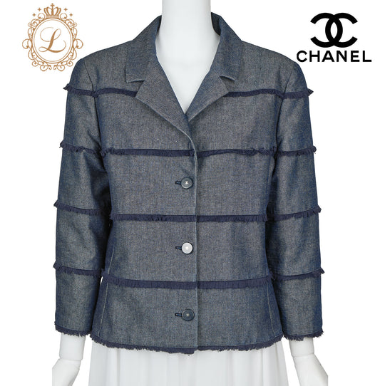 CHANEL Denim Jacket, Coco Button Fringe, Cotton Blend, Blue, Silver-Tone Hardware, Pre-Owned - Vintage La Charme