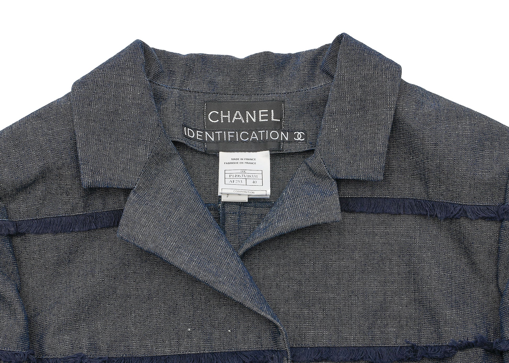 CHANEL Denim Jacket, Coco Button Fringe, Cotton Blend, Blue, Silver-Tone Hardware, Pre-Owned - Vintage La Charme