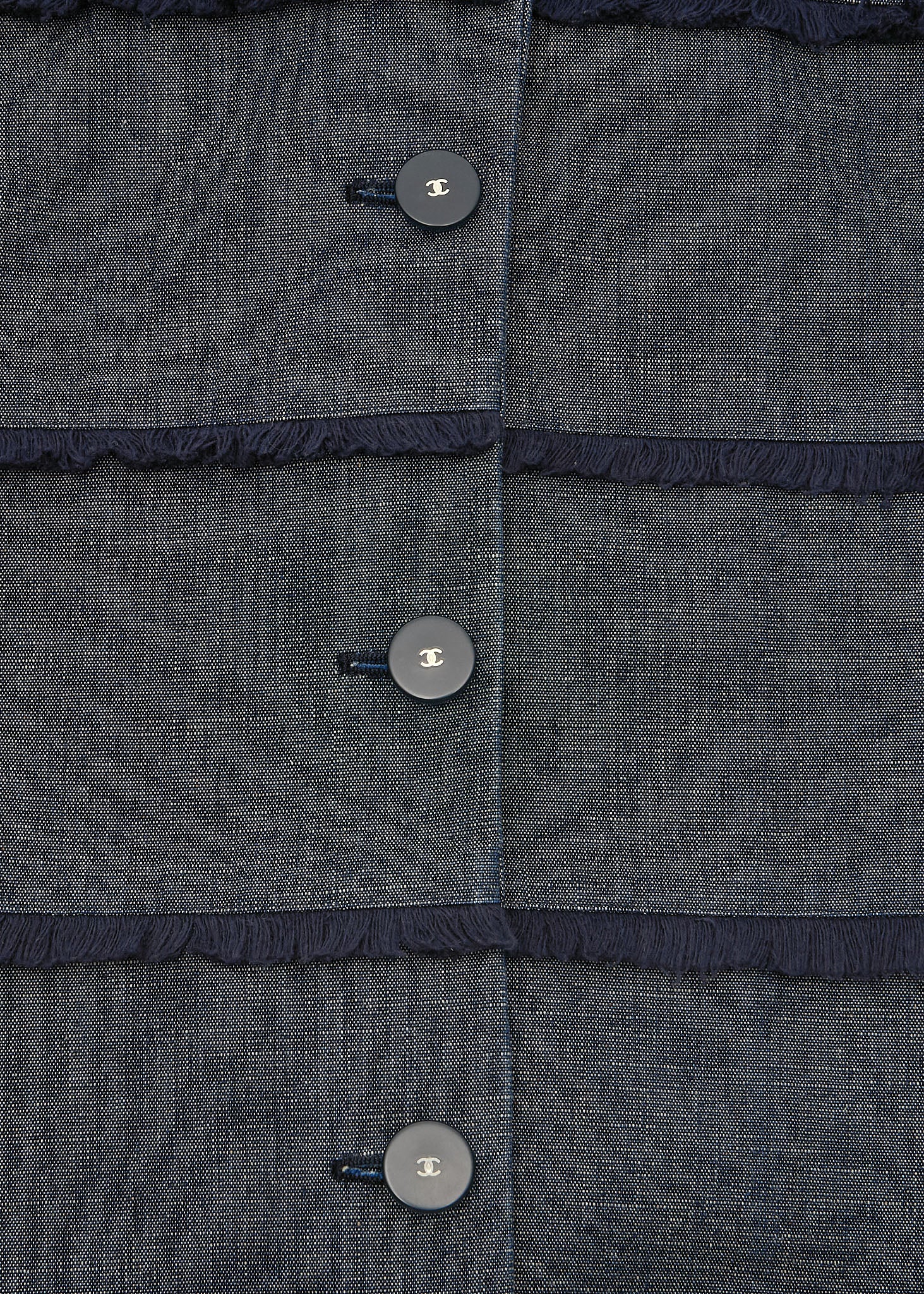 CHANEL Denim Jacket, Coco Button Fringe, Cotton Blend, Blue, Silver-Tone Hardware, Pre-Owned - Vintage La Charme
