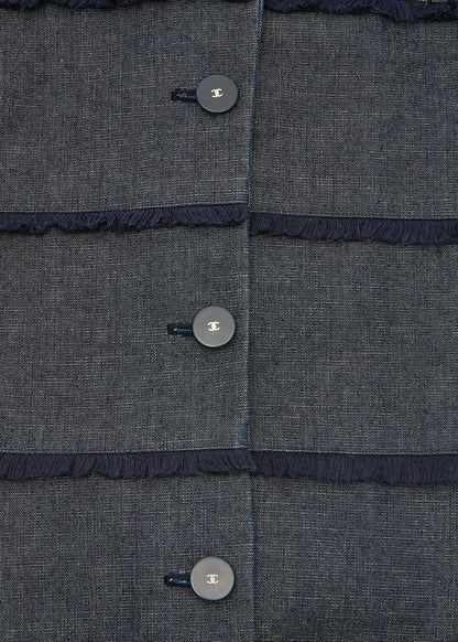 CHANEL Denim Jacket, Coco Button Fringe, Cotton Blend, Blue, Silver-Tone Hardware, Pre-Owned - Vintage La Charme