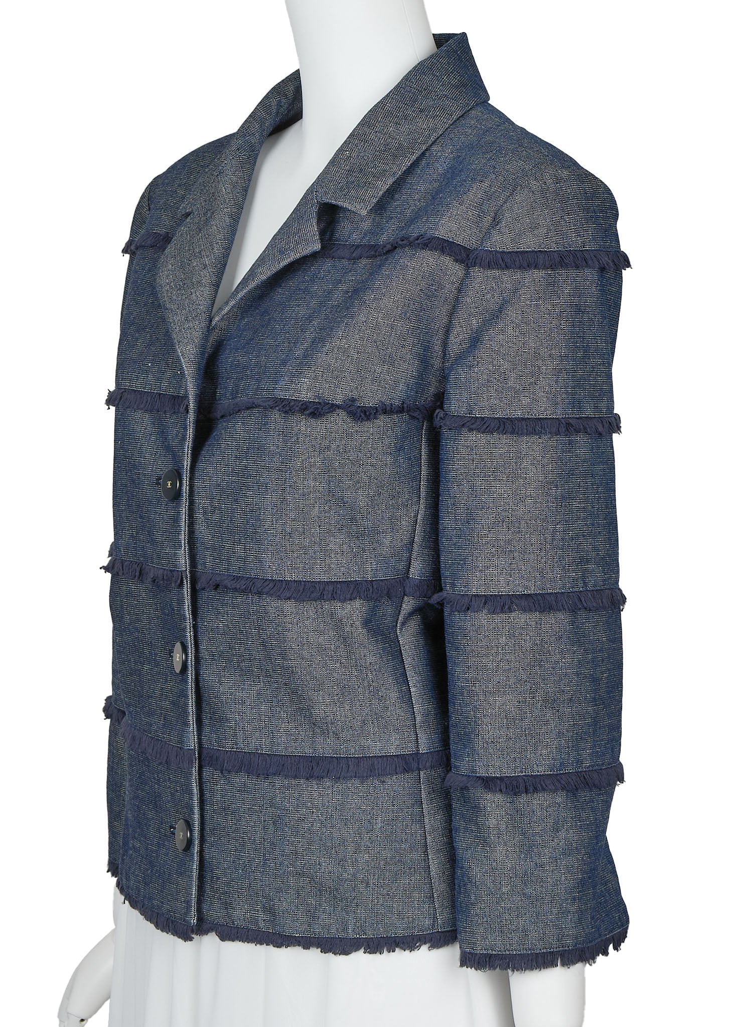 CHANEL Denim Jacket, Coco Button Fringe, Cotton Blend, Blue, Silver-Tone Hardware, Pre-Owned - Vintage La Charme