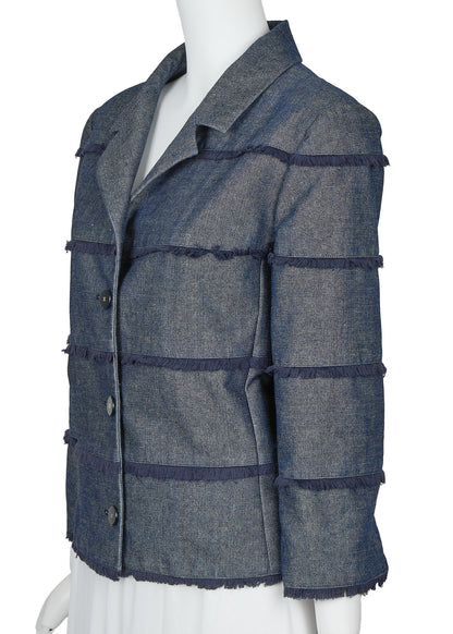 CHANEL Denim Jacket, Coco Button Fringe, Cotton Blend, Blue, Silver-Tone Hardware, Pre-Owned - Vintage La Charme