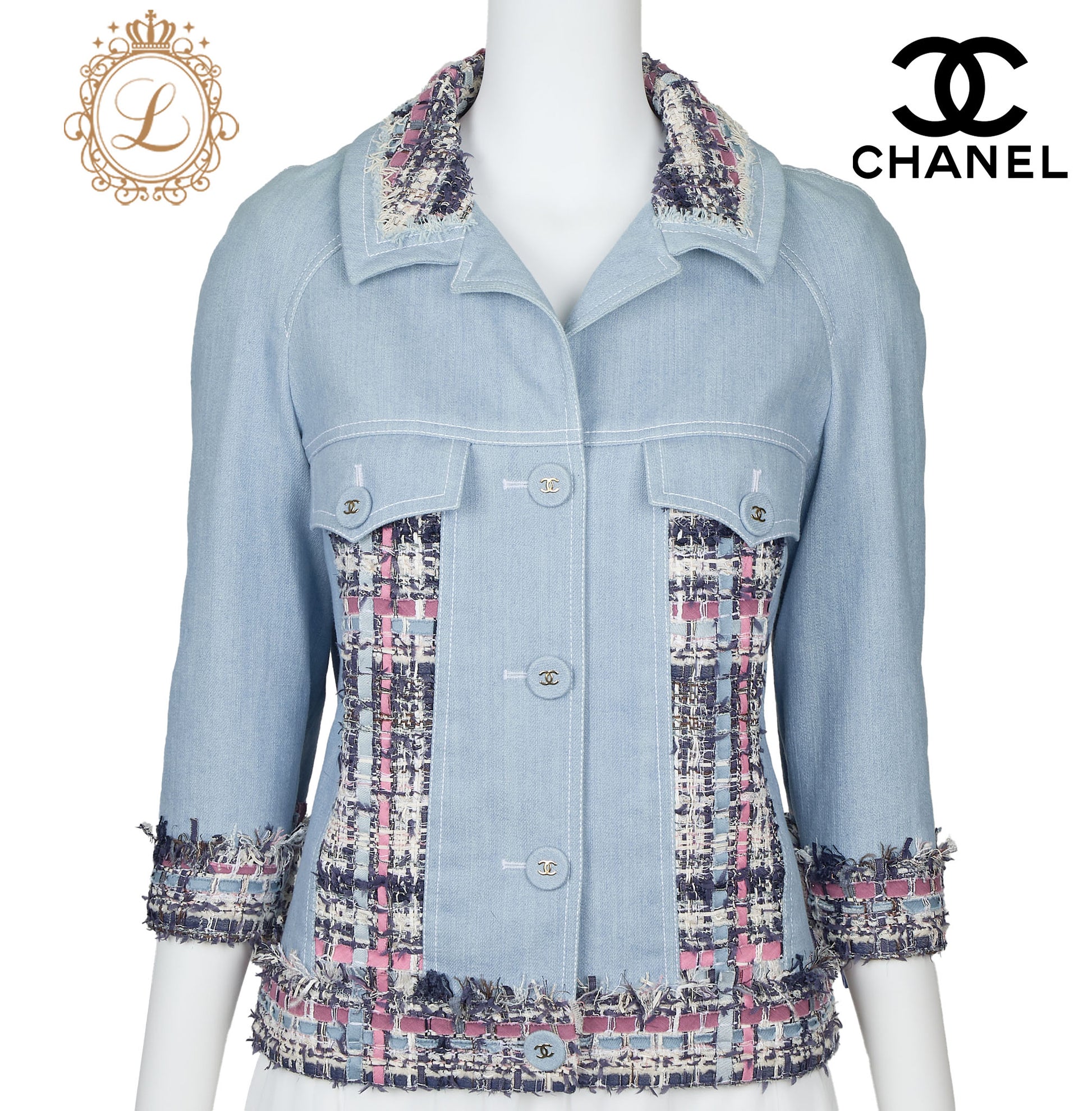 Chanel Jacket, Long Sleeve, Tweed Denim, Cotton, Blue, Gold-Tone Hardware, Pre-Owned - Vintage La Charme