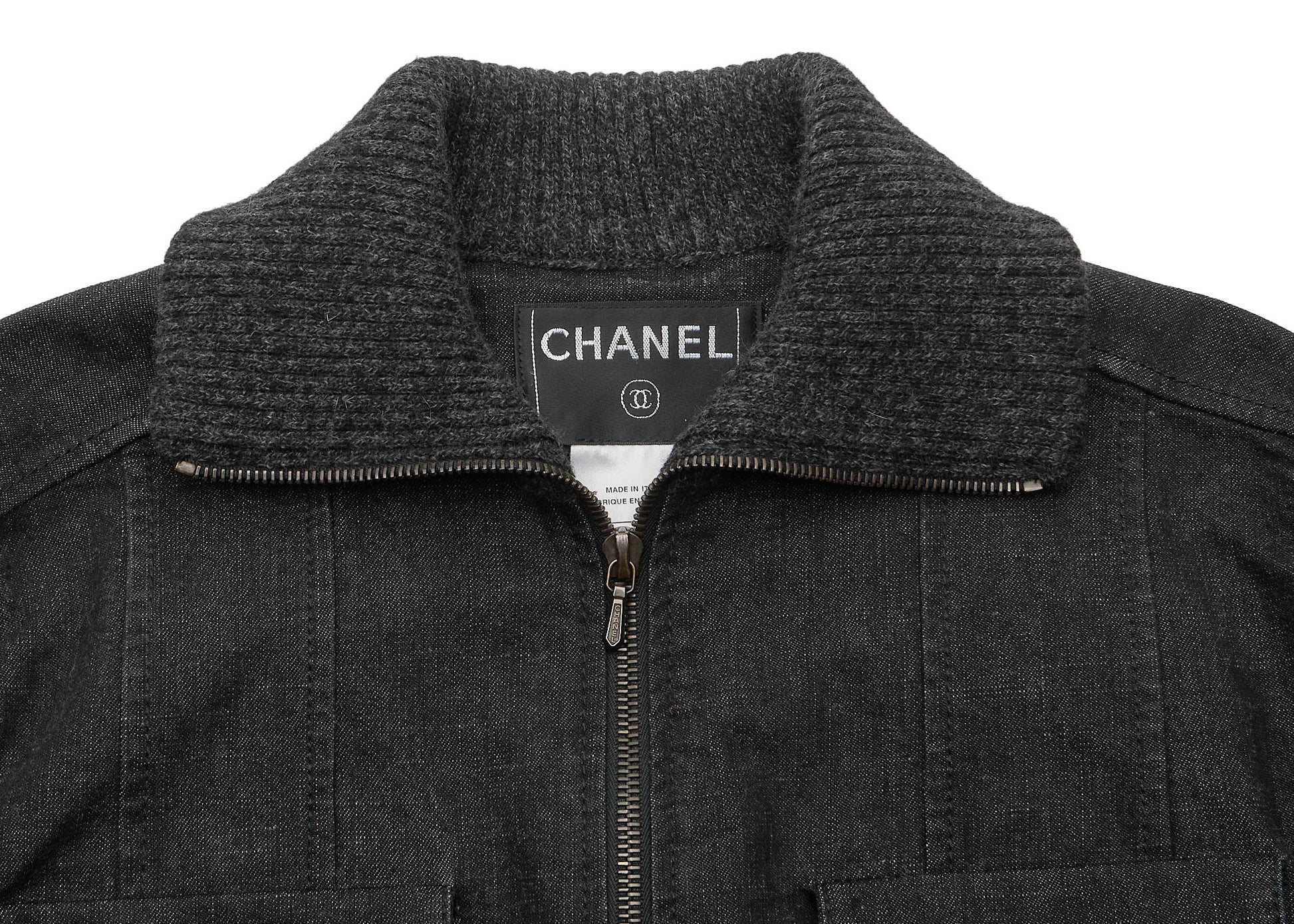 CHANEL Jacket, Knit Denim, Coco Button, Cotton Blend, Black, Silver-Tone Hardware, Pre-Owned - Vintage La Charme