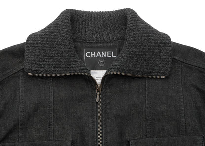 CHANEL Jacket, Knit Denim, Coco Button, Cotton Blend, Black, Silver-Tone Hardware, Pre-Owned - Vintage La Charme