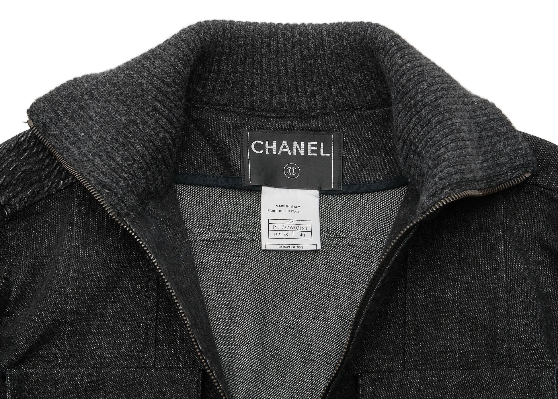 CHANEL Jacket, Knit Denim, Coco Button, Cotton Blend, Black, Silver-Tone Hardware, Pre-Owned - Vintage La Charme