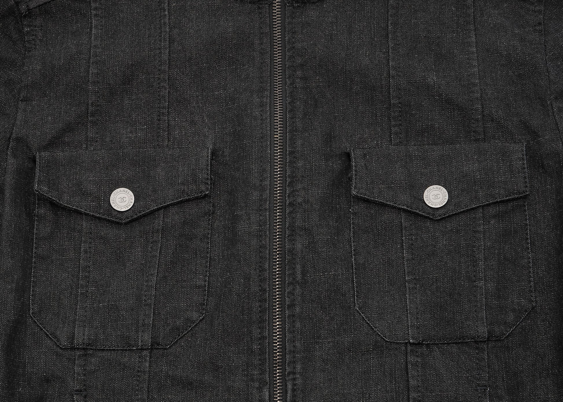 CHANEL Jacket, Knit Denim, Coco Button, Cotton Blend, Black, Silver-Tone Hardware, Pre-Owned - Vintage La Charme