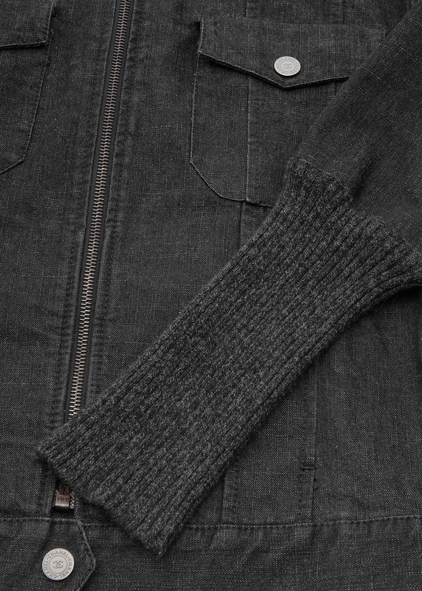 CHANEL Jacket, Knit Denim, Coco Button, Cotton Blend, Black, Silver-Tone Hardware, Pre-Owned - Vintage La Charme