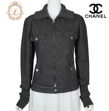 CHANEL Jacket, Knit Denim, Coco Button, Cotton Blend, Black, Silver-Tone Hardware, Pre-Owned - Vintage La Charme