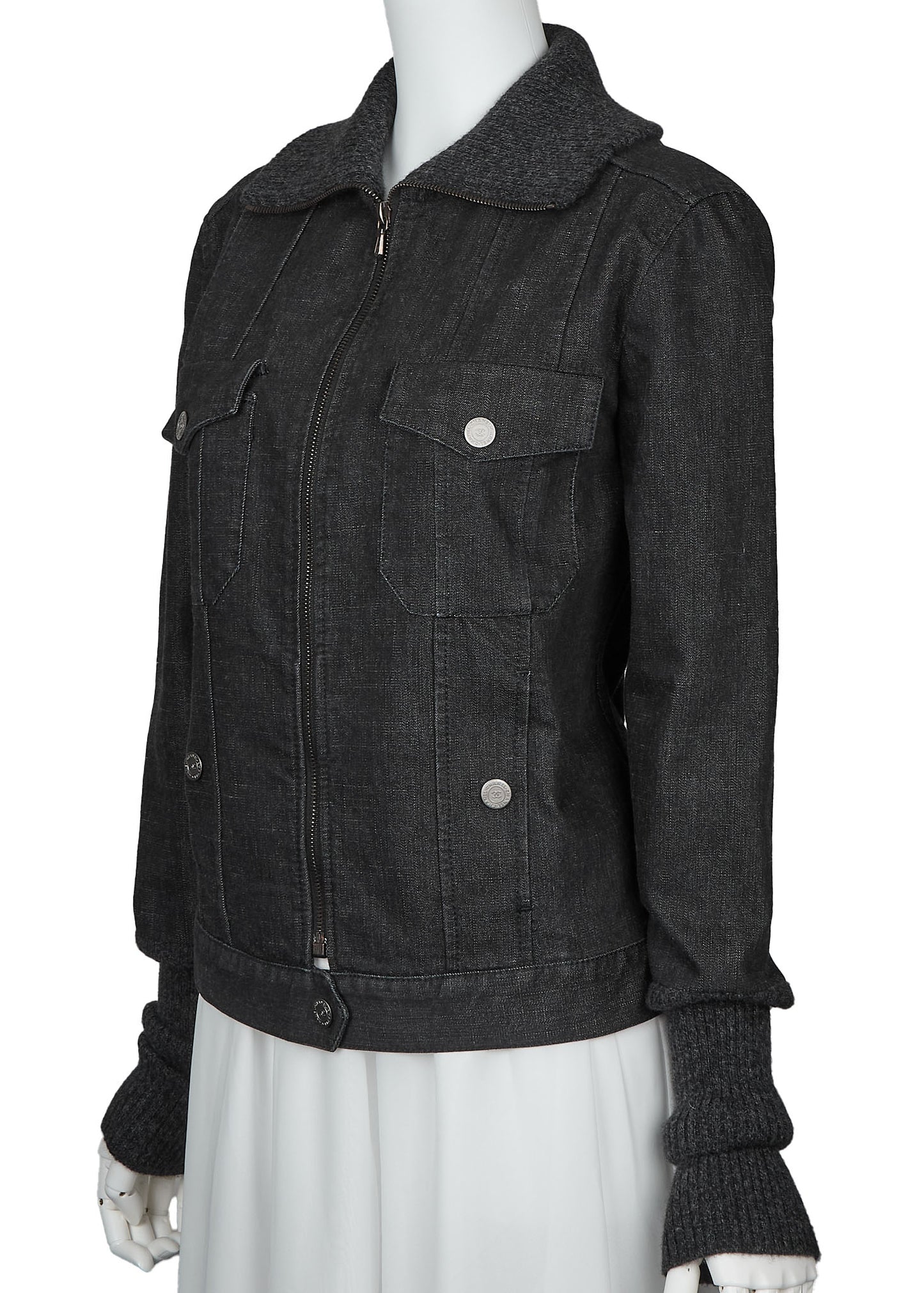 CHANEL Jacket, Knit Denim, Coco Button, Cotton Blend, Black, Silver-Tone Hardware, Pre-Owned - Vintage La Charme