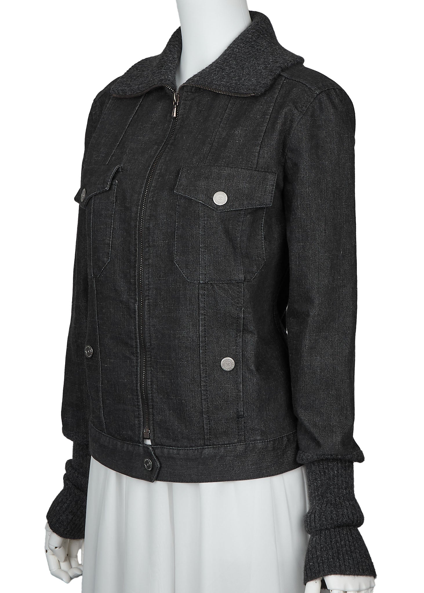 CHANEL Jacket, Knit Denim, Coco Button, Cotton Blend, Black, Silver-Tone Hardware, Pre-Owned - Vintage La Charme
