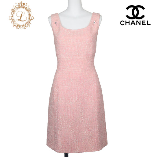 CHANEL Sleeveless Dress, Coco Button, Wool Nylon Blend, Pink, Pre-Owned - Vintage La Charme