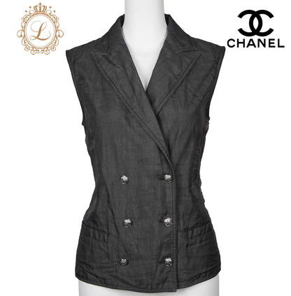 CHANEL Vest, Coco Button, Sleeveless, Black, Silver-Tone Hardware, Pre-Owned - Vintage La Charme