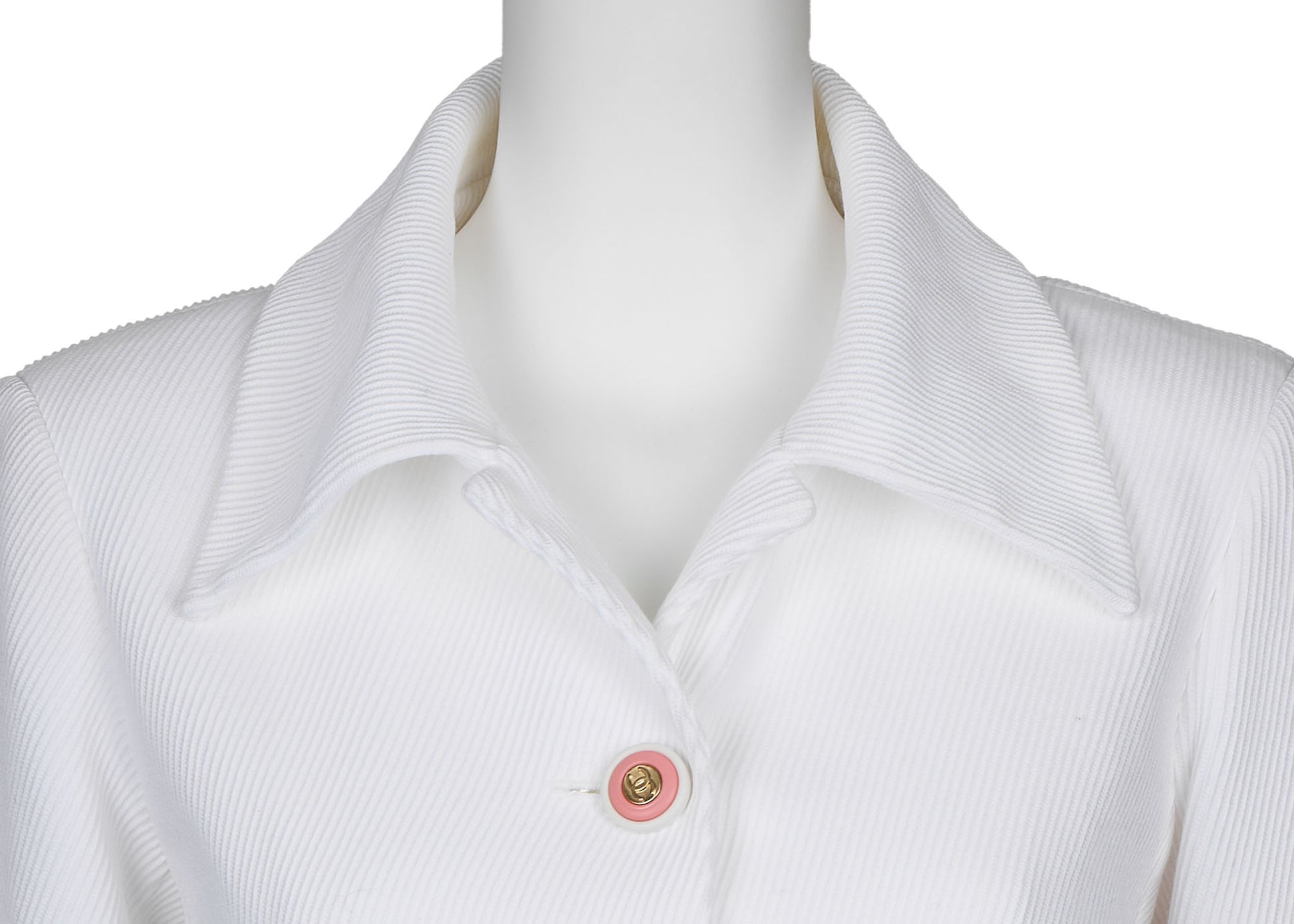 CHANEL Jacket, Coco Button, Long Sleeve, Cotton, White, Gold-Tone Hardware, Pre-Owned - Vintage La Charme