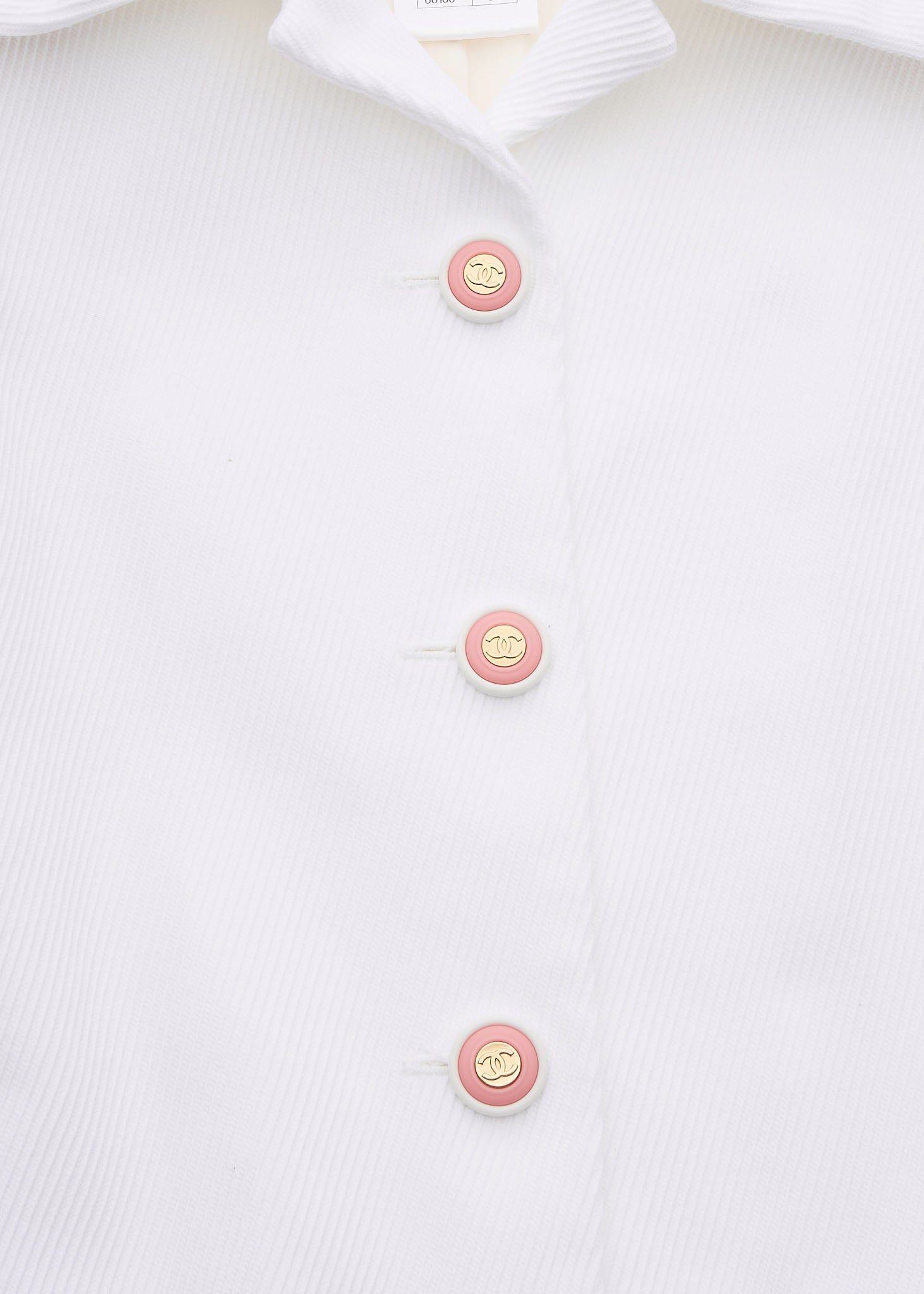 CHANEL Jacket, Coco Button, Long Sleeve, Cotton, White, Gold-Tone Hardware, Pre-Owned - Vintage La Charme