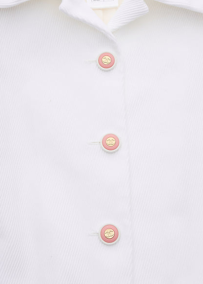 CHANEL Jacket, Coco Button, Long Sleeve, Cotton, White, Gold-Tone Hardware, Pre-Owned - Vintage La Charme