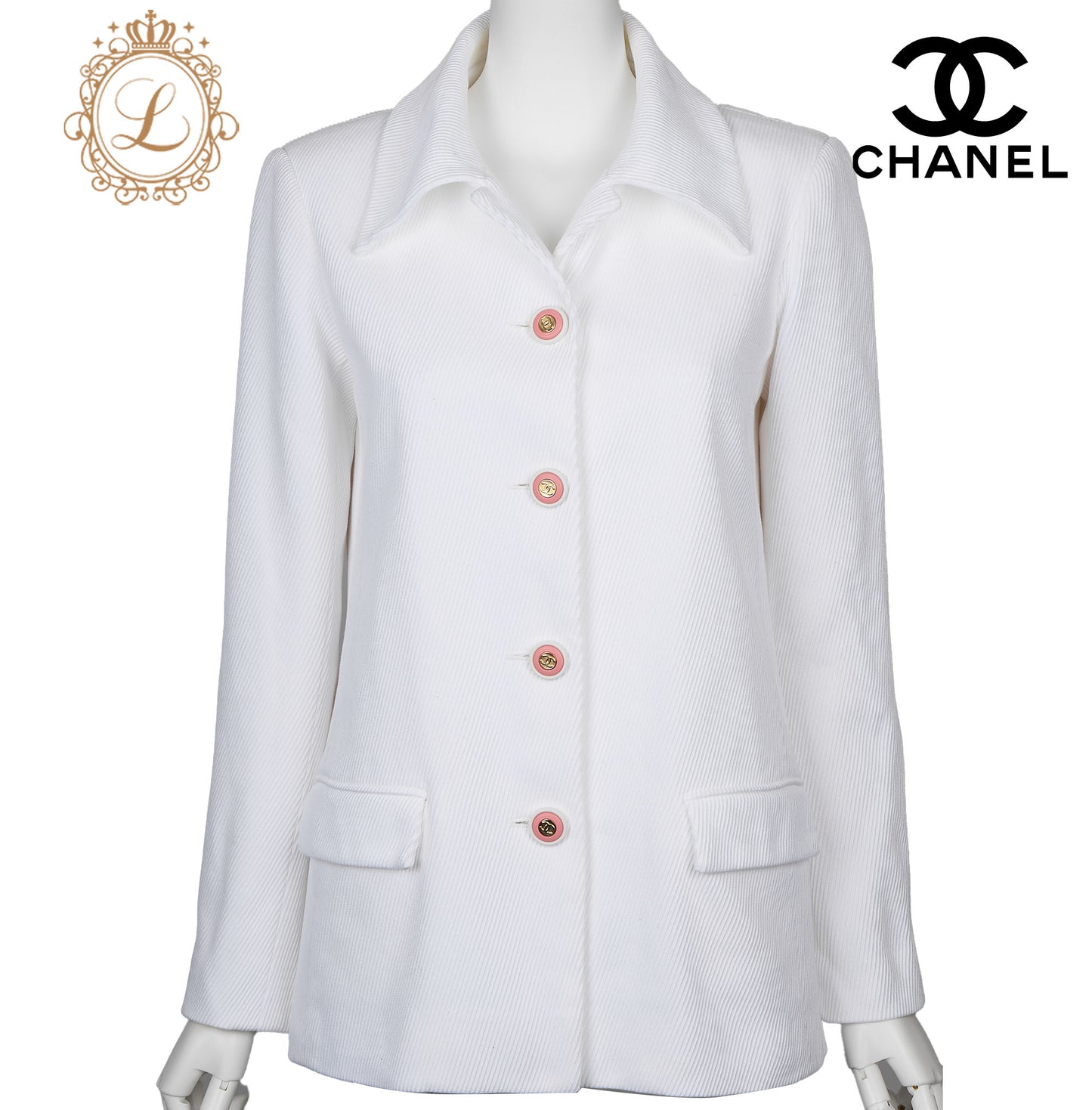 CHANEL Jacket, Coco Button, Long Sleeve, Cotton, White, Gold-Tone Hardware, Pre-Owned - Vintage La Charme