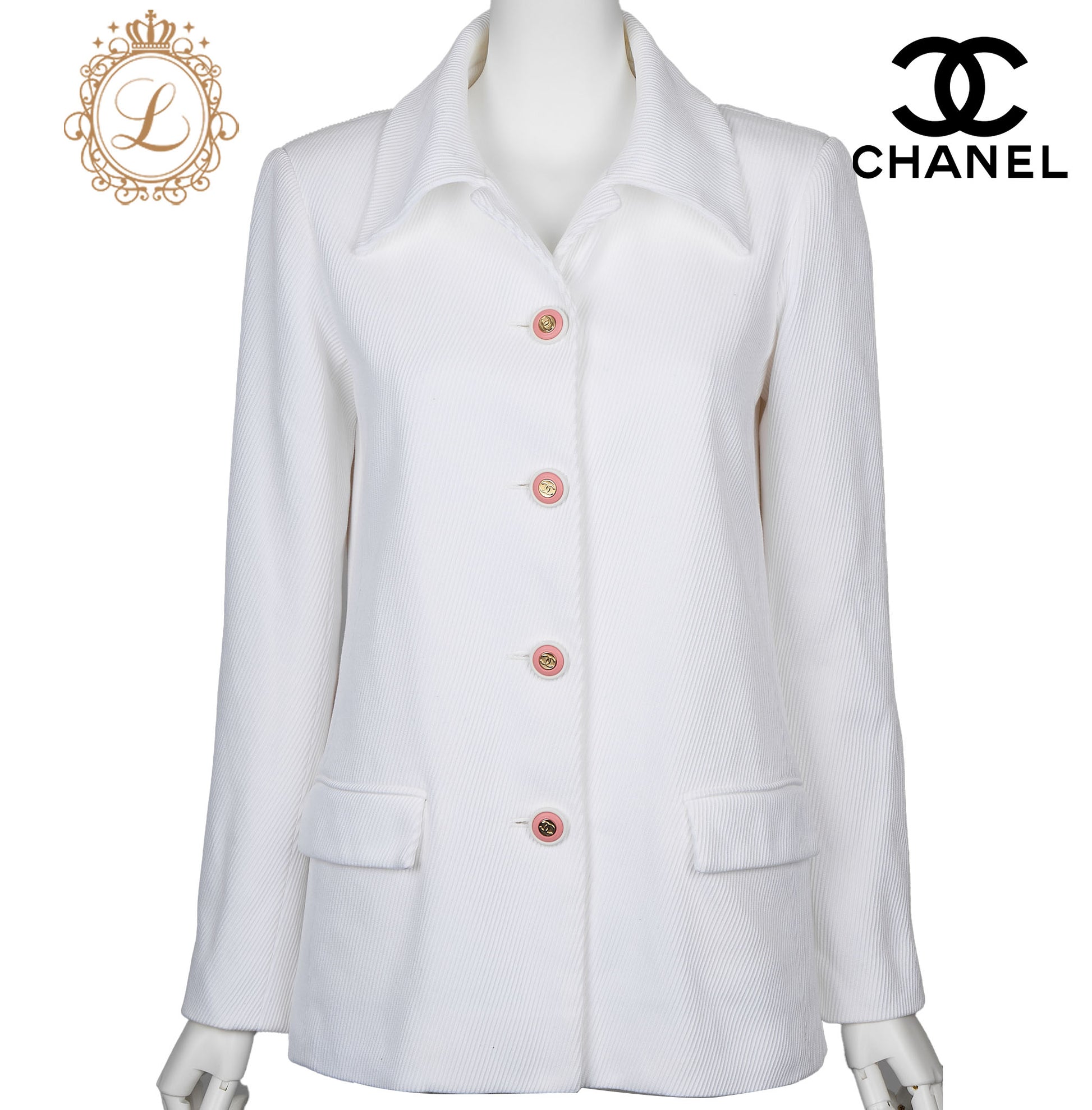CHANEL Jacket, Coco Button, Long Sleeve, Cotton, White, Gold-Tone Hardware, Pre-Owned - Vintage La Charme