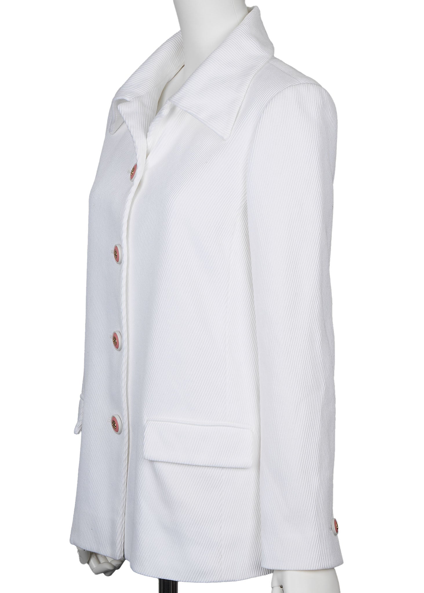 CHANEL Jacket, Coco Button, Long Sleeve, Cotton, White, Gold-Tone Hardware, Pre-Owned - Vintage La Charme