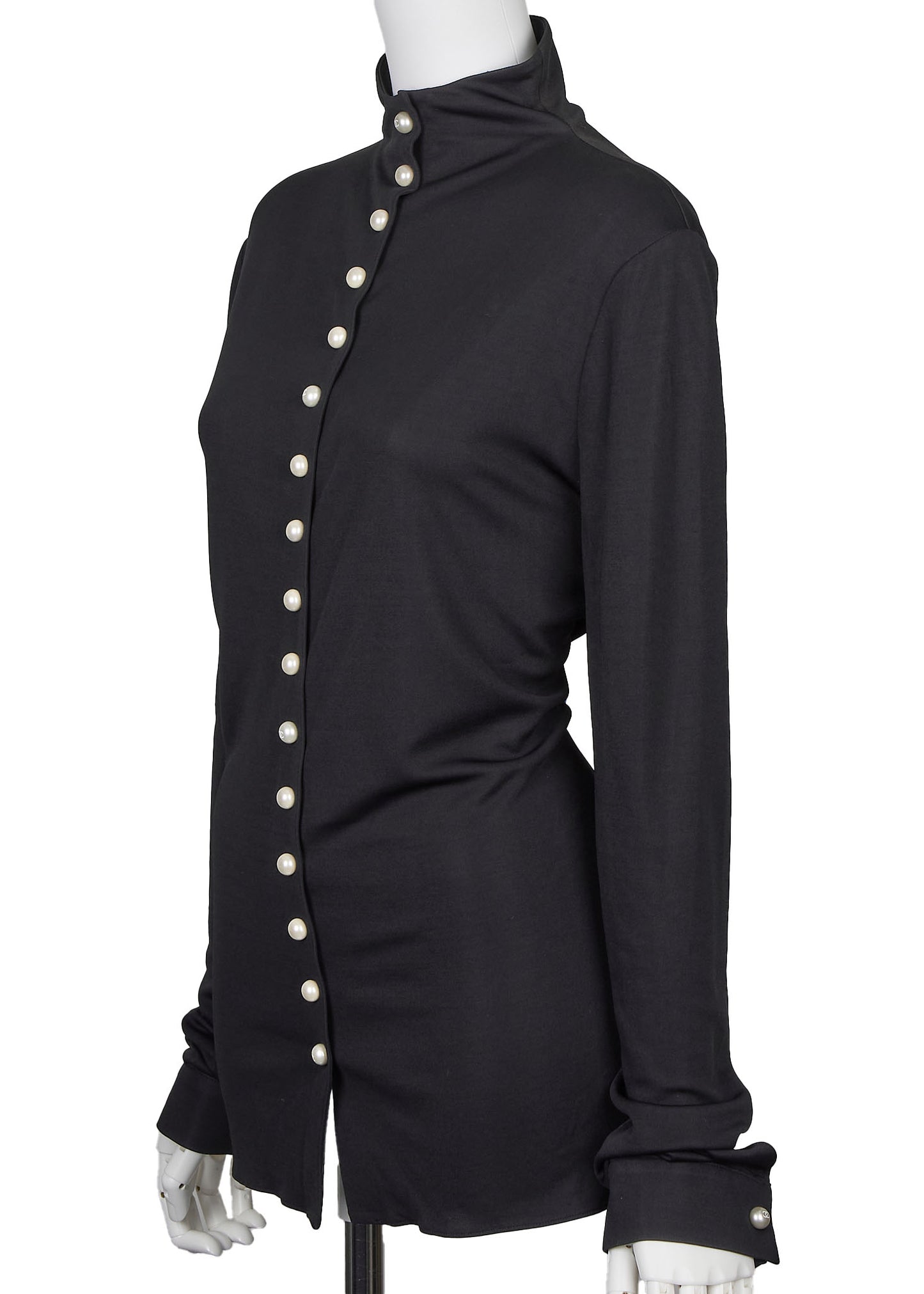 Chanel Long Sleeve T-Shirt, High Neck, Cut-and-Sew, Silk Blend, Black, Silver-Tone Hardware, Pre-Owned - Vintage La Charme