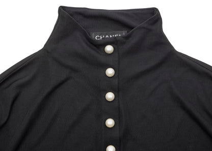 Chanel Long Sleeve T-Shirt, High Neck, Cut-and-Sew, Silk Blend, Black, Silver-Tone Hardware, Pre-Owned - Vintage La Charme