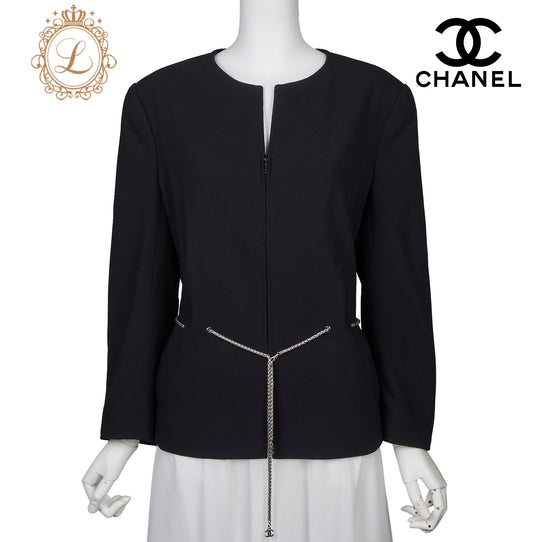 CHANEL Waist Chain Jacket, No Collar, Wool, Black, Gold-Tone Hardware, Pre-Owned - Vintage La Charme