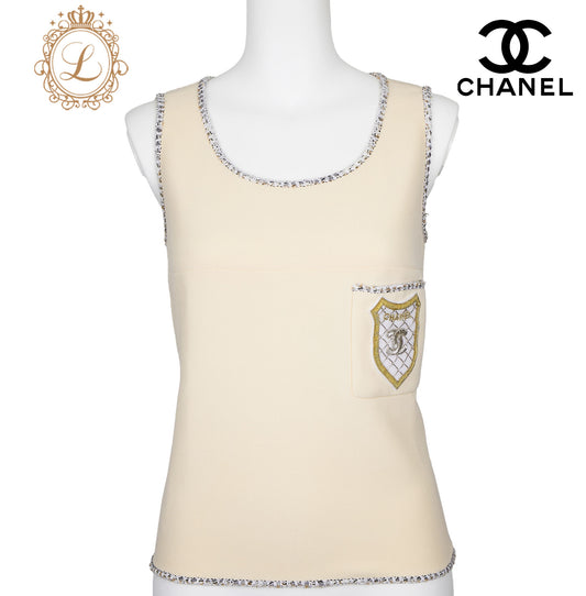 CHANEL Sleeveless Top, Coco Mark Emblem, Wool, Beige, Gold-Tone Hardware, Pre-Owned - Vintage La Charme