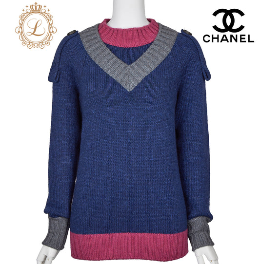 CHANEL Knit Sweater, Coco Button, Cashmere Silk Wool Blend, Navy, Gold-Tone Hardware, Pre-Owned - Vintage La Charme