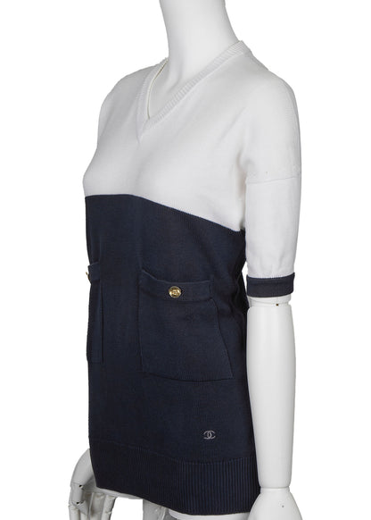 CHANEL Knit T-Shirt, Coco Button, Short Sleeve, Cotton, Navy, Silver-Tone Hardware, Pre-Owned - Vintage La Charme