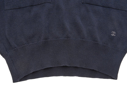 CHANEL Knit T-Shirt, Coco Button, Short Sleeve, Cotton, Navy, Silver-Tone Hardware, Pre-Owned - Vintage La Charme