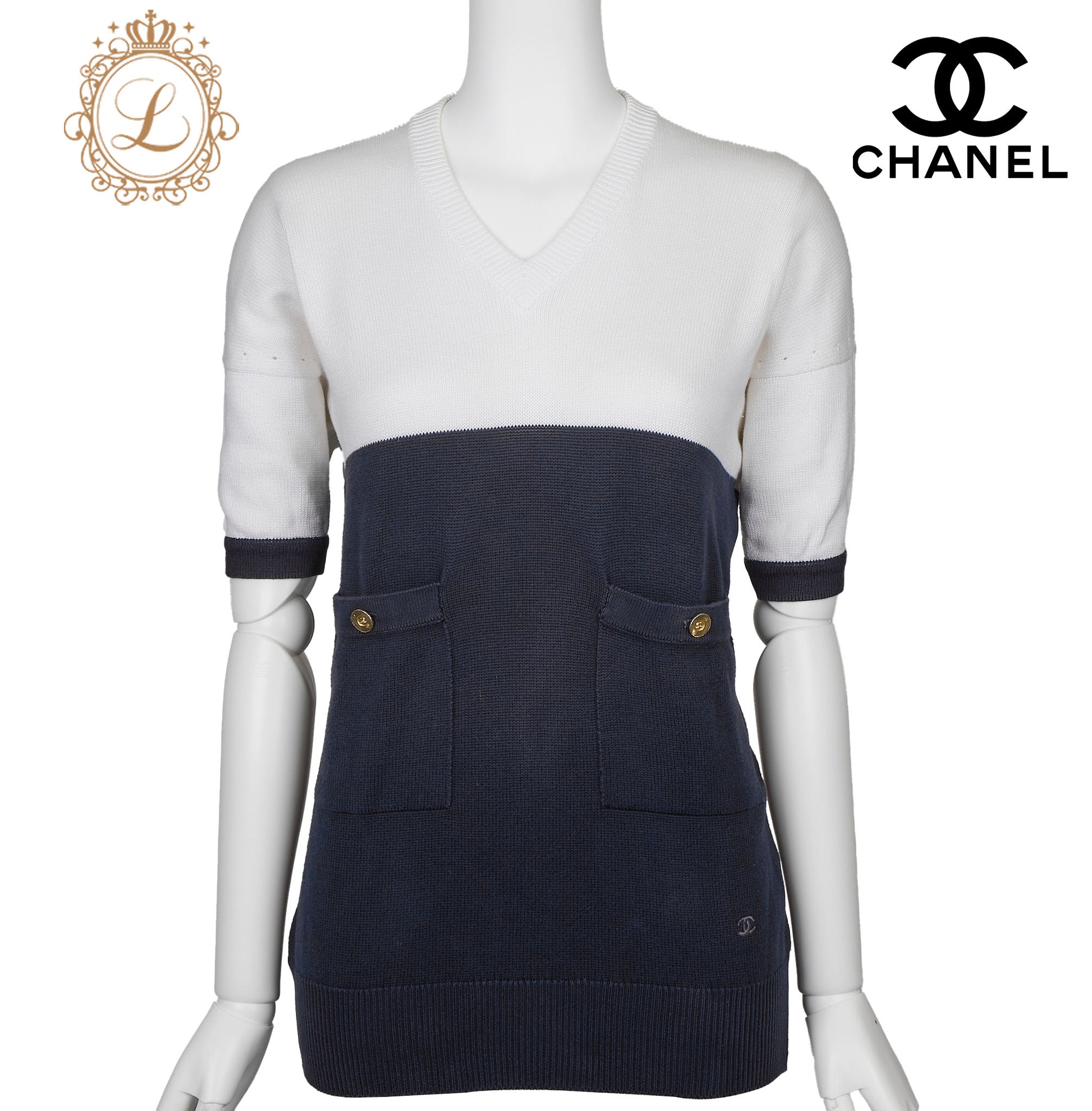 CHANEL Knit T-Shirt, Coco Button, Short Sleeve, Cotton, Navy, Silver-Tone Hardware, Pre-Owned - Vintage La Charme