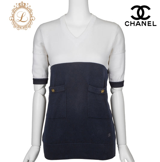 CHANEL Knit T-Shirt, Coco Button, Short Sleeve, Cotton, Navy, Silver-Tone Hardware, Pre-Owned - Vintage La Charme