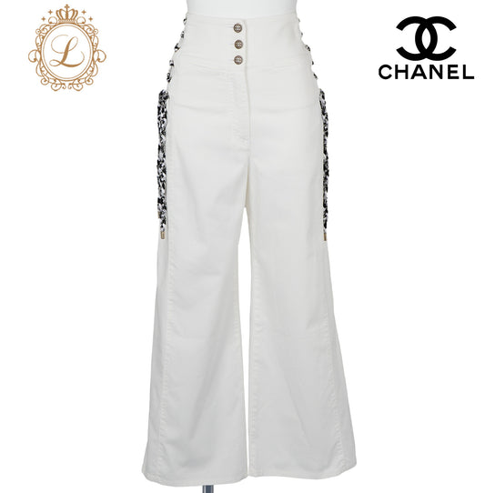 Chanel Wide Pants, Coco Button, Cotton, White, Pre-Owned - Vintage La Charme