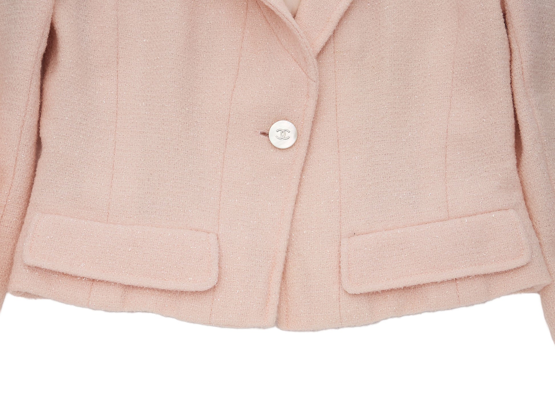 CHANEL Jacket Skirt Set, Coco Button, Wool Blend, Pink, Gold-Tone Hardware, Pre-Owned - Vintage La Charme