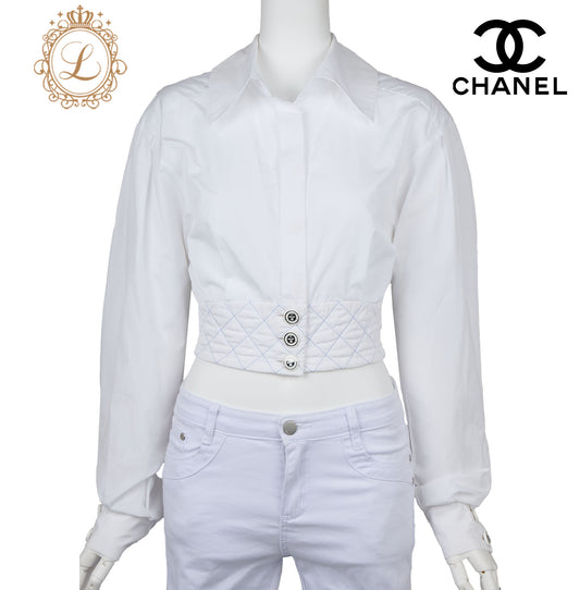 CHANEL Cropped Blouse, Coco Button, Cotton, White, Silver-Tone Hardware, Pre-Owned - Vintage La Charme