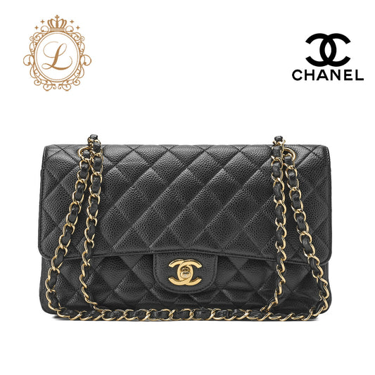 CHANEL Shoulder Bag, Matelasse Turn Lock Double Flap 25, Caviar Skin, Black, Gold-Tone Hardware, Pre-Owned - Vintage La Charme