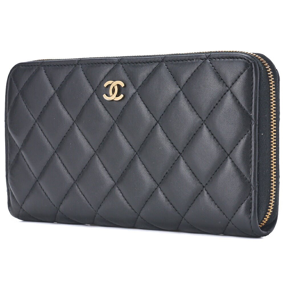 CHANEL Round Long Wallet Matelasse Lambskin Black Gold-Tone Hardware Pre-Owned - Vintage La Charme