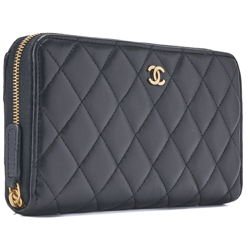 CHANEL Round Long Wallet Matelasse Lambskin Black Gold-Tone Hardware Pre-Owned - Vintage La Charme