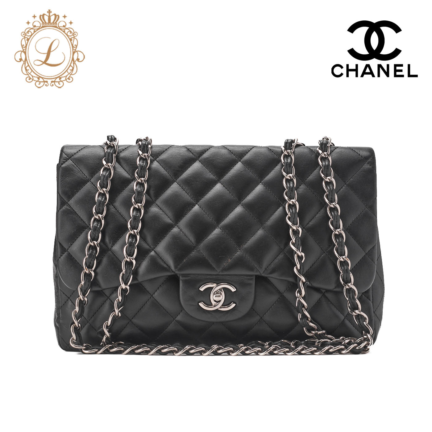 CHANEL Shoulder Bag, Deca Matelasse 30 Turn Lock Chain, Lambskin, Black, Silver-Tone Hardware, Pre-Owned - Vintage La Charme
