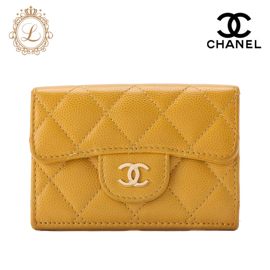 CHANEL Compact Wallet, Matelasse, Tri-Fold, Caviar Skin, Yellow, Gold-Tone Hardware, Pre-Owned - Vintage La Charme