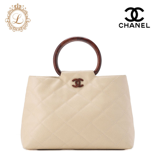 CHANEL Handbag, Matelasse Coco Mark Wood Pattern, Caviar Skin, Beige, Gold-Tone Hardware, Pre-Owned - Vintage La Charme