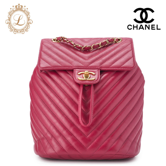 CHANEL Shoulder Backpack Bag V Stitch Turn Lock Lambskin Pink Gold-Tone Hardware Pre-Owned - Vintage La Charme